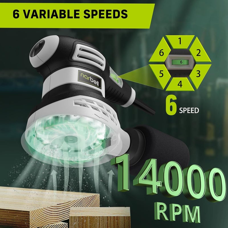 Narbell Orbital Sander 3.0AMP(360W),14000RPM Random Orbit Sander Tool with 6 Variable Speeds, 5" Electric Palm Sander Kit with Dust Bag,15pcs Sandpapers for Woodworking & Sanding, Light Gray - Image 3